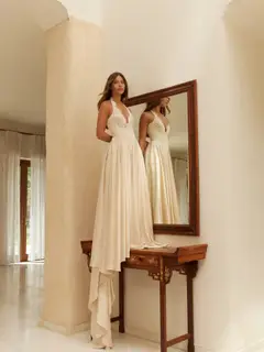 Spaghetti Strap V-Neck Lace Satin A-Line with Veil — SW738 Champagne wedding dress, view 6