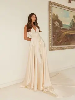Spaghetti Strap V-Neck Lace Satin A-Line with Veil — SW738 Champagne wedding dress, view 7