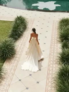 Spaghetti Strap V-Neck Lace Satin A-Line with Veil — SW738 Champagne wedding dress, view 8