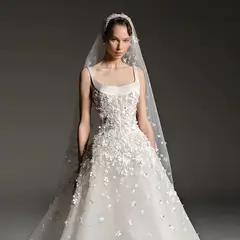 Square Neck Beaded Floral Lace Ball Gown with Veil — SW666 Ivory wedding dress, full-length back view