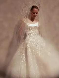 Square Neck Beaded Floral Lace Ball Gown with Veil — SW666 Ivory wedding dress, full-length side view