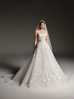 Square Neck Beaded Floral Lace Ball Gown with Veil — SW666 Ivory wedding dress, view 4