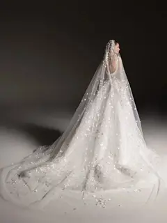 Square Neck Beaded Floral Lace Ball Gown with Veil — SW666 Ivory wedding dress, view 5