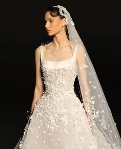 Square Neck Beaded Floral Lace Ball Gown with Veil — SW666 Ivory wedding dress, close-up detail