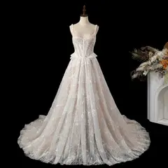 Square Neck Corset Lace Tulle A-Line with Train — SW706 Ivory wedding dress, full-length back view