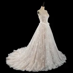 Square Neck Corset Lace Tulle A-Line with Train — SW706 Ivory wedding dress, full-length side view