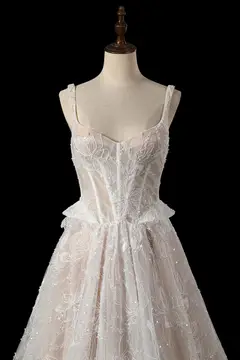 Square Neck Corset Lace Tulle A-Line with Train — SW706 Ivory wedding dress, view 5