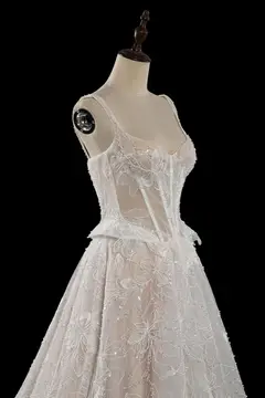Square Neck Corset Lace Tulle A-Line with Train — SW706 Ivory wedding dress, view 6