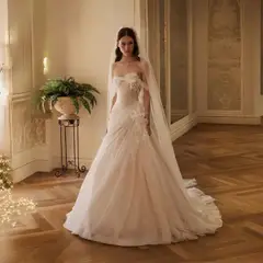Strapless 3D Floral Draped with Veil — SW232 Ivory wedding dress, full-length front view