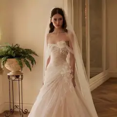 Strapless 3D Floral Draped with Veil — SW232 Ivory wedding dress, full-length back view