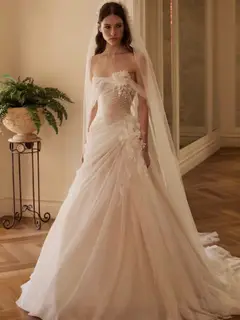 Strapless 3D Floral Draped with Veil — SW232 Ivory wedding dress, full-length side view
