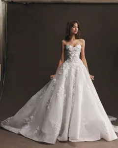 Strapless 3D Floral Embroidery Train — SW574 Ivory wedding dress, full-length back view