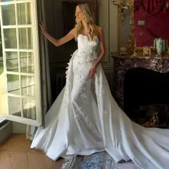Strapless 3D Floral Lace Mermaid with Overskirt — SW222 Ivory wedding dress, full-length front view
