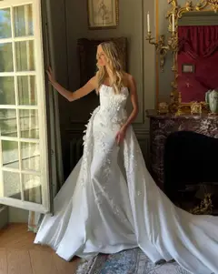 Strapless 3D Floral Lace Mermaid with Overskirt — SW222 Ivory wedding dress, close-up detail