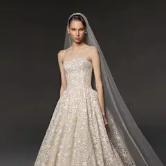Strapless Allover Lace Ball Gown with Veil — SW667 Champagne wedding dress, full-length back view