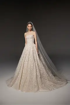Strapless Allover Lace Ball Gown with Veil — SW667 Champagne wedding dress, view 3