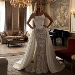 Strapless Beaded Corset Lace Mermaid with Overskirt — SW218 Ivory wedding dress, full-length front view
