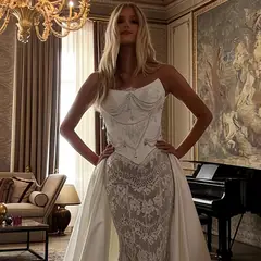Strapless Beaded Corset Lace Mermaid with Overskirt — SW218 Ivory wedding dress, full-length back view