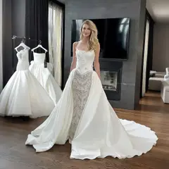 Strapless Beaded Corset Lace Mermaid with Overskirt — SW218 Ivory wedding dress, full-length side view