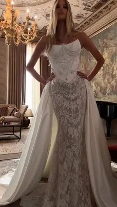 Strapless Beaded Corset Lace Mermaid with Overskirt — SW218 Ivory wedding dress, close-up detail