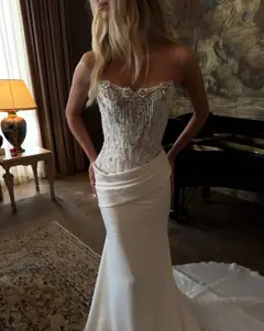 Strapless Beaded Fringe Bodice Satin Mermaid — SW221 Ivory wedding dress, view 3