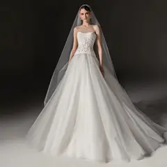 Strapless Bodice Crystal Ball Gown with Veil — SW668 Ivory wedding dress, full-length front view