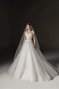 Strapless Bodice Crystal Ball Gown with Veil — SW668 Ivory wedding dress, full-length side view