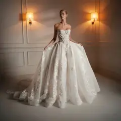 Strapless Floral Embroidery Ball Gown with Veil — SW169 Ivory wedding dress, full-length front view