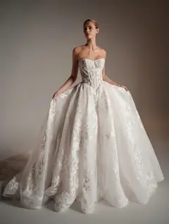 Strapless Floral Embroidery Ball Gown with Veil — SW169 Ivory wedding dress, full-length back view