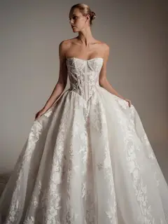Strapless Floral Embroidery Ball Gown with Veil — SW169 Ivory wedding dress, full-length side view