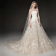 Strapless Floral Lace Mermaid Train with Veil — SW665 Ivory wedding dress, full-length front view
