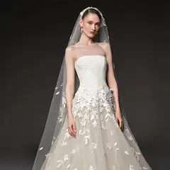 Strapless Floral Lace Mermaid Train with Veil — SW665 Ivory wedding dress, full-length back view