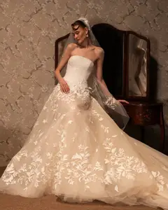 Strapless Floral Lace Mermaid Train with Veil — SW665 Ivory wedding dress, full-length side view