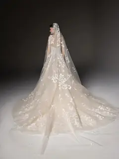 Strapless Floral Lace Mermaid Train with Veil — SW665 Ivory wedding dress, close-up detail