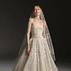 Strapless Floral Lace Tulle A-Line with Veil — SW664 Champagne wedding dress, full-length back view