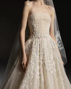 Strapless Floral Lace Tulle A-Line with Veil — SW664 Champagne wedding dress, view 4