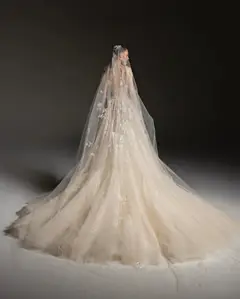 Strapless Floral Lace Tulle A-Line with Veil — SW664 Champagne wedding dress, close-up detail