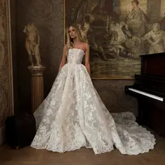 Strapless Floral Lace with Veil — SW212 Ivory wedding dress, full-length front view