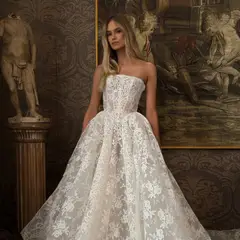 Strapless Floral Lace with Veil — SW212 Ivory wedding dress, full-length back view