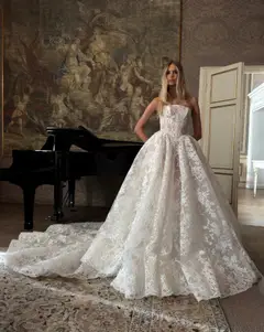 Strapless Floral Lace with Veil — SW212 Ivory wedding dress, full-length side view