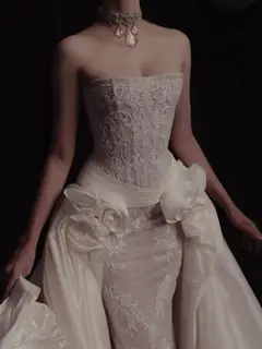 Strapless Lace 3D Floral with Overskirt — SW598 Ivory wedding dress, full-length back view