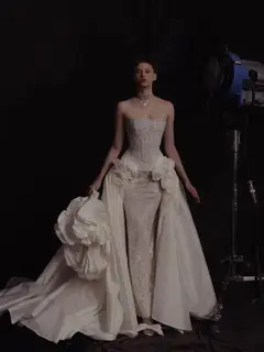 Strapless Lace 3D Floral with Overskirt — SW598 Ivory wedding dress, full-length side view