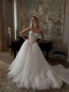 Strapless Lace Corset Ball Gown — SW217 Ivory wedding dress, full-length side view