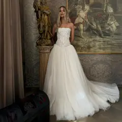 Strapless Lace Corset Bodice Tulle Ball Gown — SW224 Ivory wedding dress, full-length front view