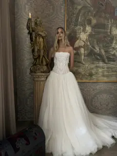 Strapless Lace Corset Bodice Tulle Ball Gown — SW224 Ivory wedding dress, full-length back view