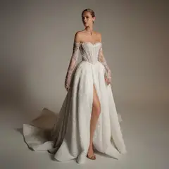 Strapless Lace High-Slit A-Line — SW165 Ivory wedding dress, full-length front view