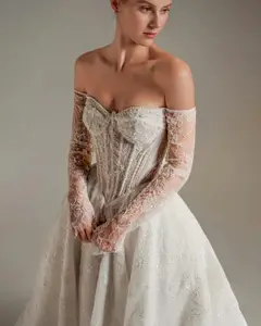 Strapless Lace High-Slit A-Line — SW165 Ivory wedding dress, full-length back view