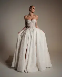 Strapless Lace High-Slit A-Line — SW165 Ivory wedding dress, full-length side view
