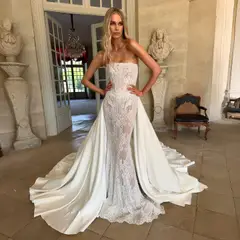 Strapless Lace Mermaid with Overskirt — SW226 Ivory wedding dress, full-length front view