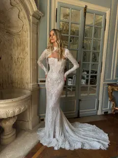 Strapless Lace Mermaid with Overskirt — SW226 Ivory wedding dress, full-length side view